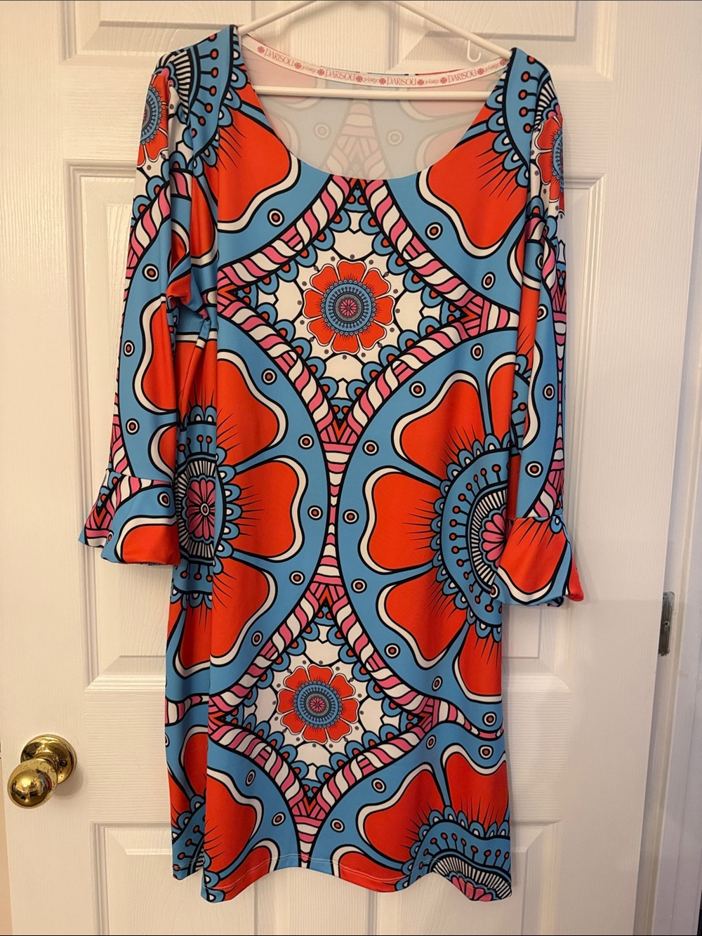 Bold Orange and Blue Long-Sleeve Floral Shift Dress
